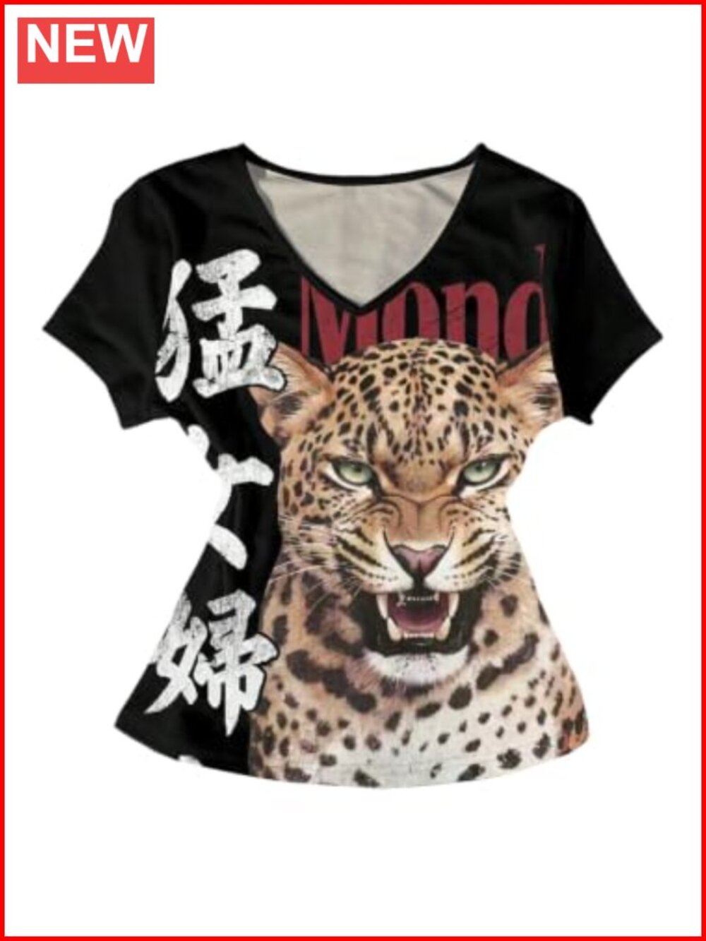 Y2K Cheetah Print Letter Graphic V Neck Tee Short Sleeve Slim Fit Top